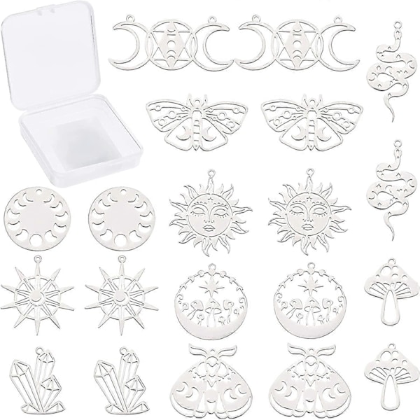 20 st 10 stilar Tarot-inspirerade svamp, orm, sol, mal, skalbagge, prisma-berlocker, hängen i rostfritt stål, stämplade blanka tagghängen, berlocker för DIY-örhängen, halsband