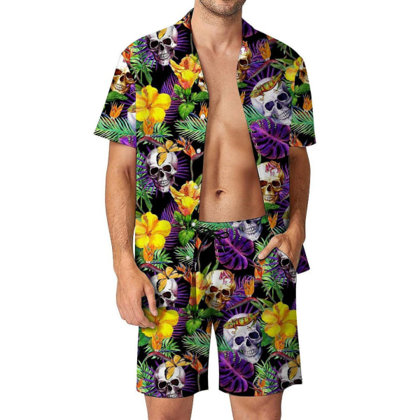 Herre 2-delt linned sæt strandtøj skjorte med knapper og shorts Q4 2XL