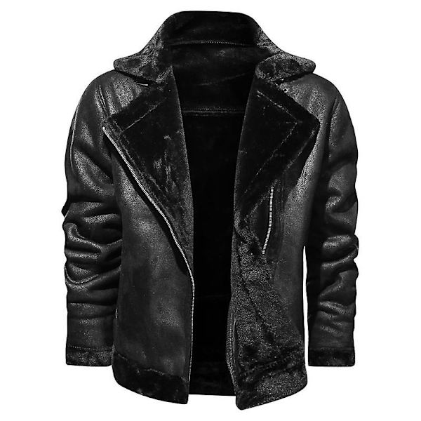 Herre Faux Læderjakke Sherpa Aviator Bomberjakke Black M