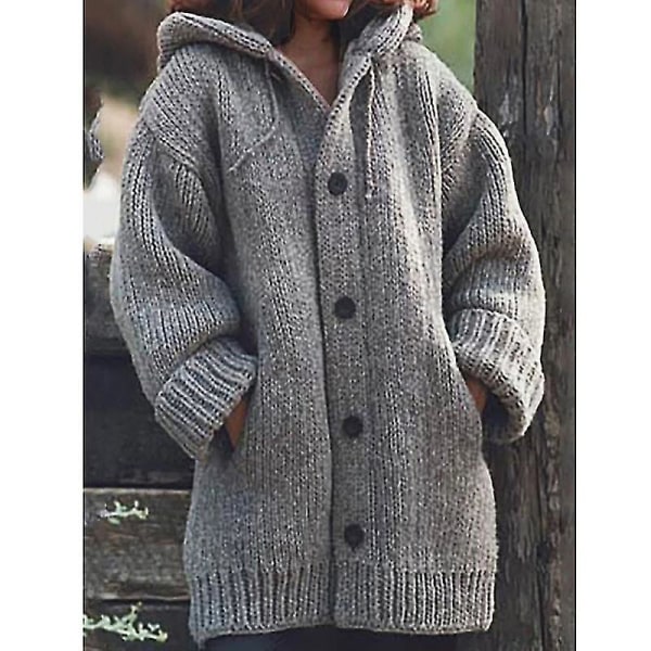 Hettegenser strikket genser dame høst vinter mellomlang ensfarget knappegenser 3XL Black