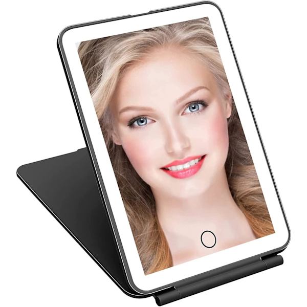 Deweisn LED Makeup Spejl Til Rejser 32 LED Lysende Makeup Spejle Med Dæmpbar Belysning Kompakt Slank Genopladeligt Lysende Spejl Sammenklappeligt Makeup Black