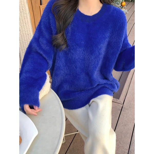 Ensfarvet Fleece Pullover Sweater med Rund Hals, Afslappet Langærmet Hyggelig Løs Sweater, Dametøj