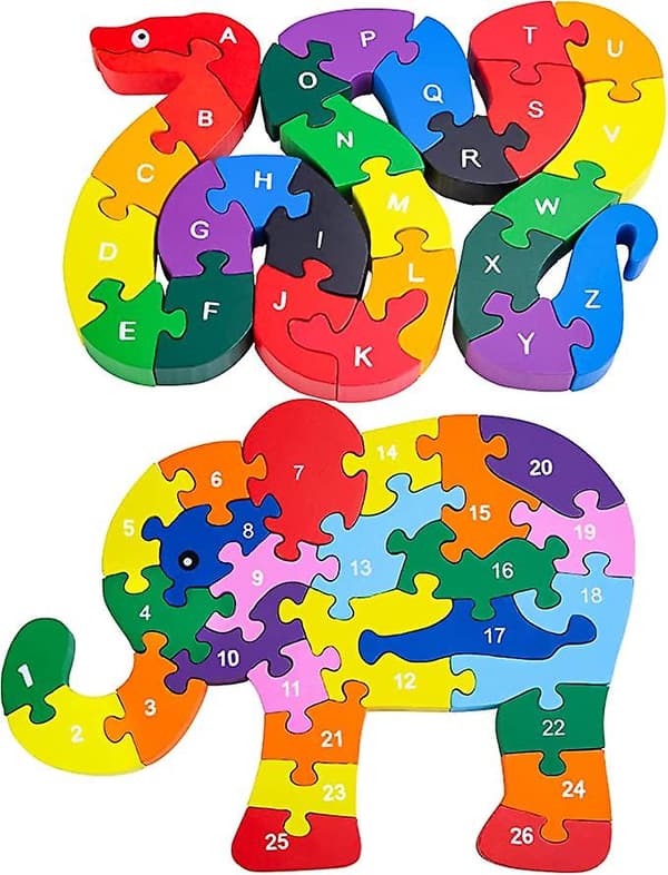 2 st djur träpussel alfabet pussel, trä orm & elefant bokstäver siffror block leksaker för barnleksaker - orm & elefant