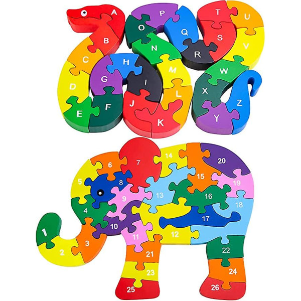 2st Djurträpussel Alfabetpussel, träorm och elefantbokstäver Siffror Blockleksaker för barnleksaker - orm och elefant