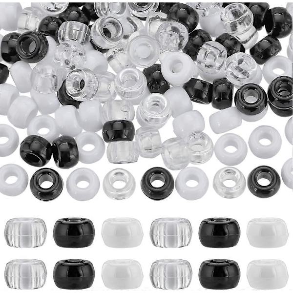 600 stk. Ponyperler Bulk 6x9mm Opaque Ponyperler Svart Hvit Plastperle Klar Transparent Ponyperlesett Runde Håndverksperler for Smykkelaging Perling