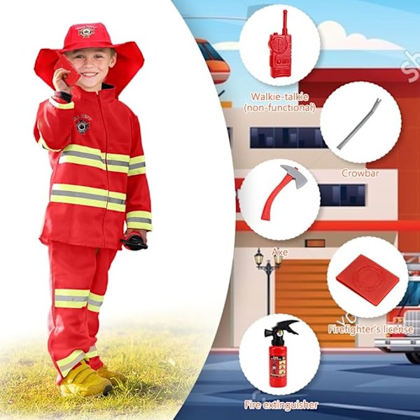 Brandmandskostume til børn, brandmandskostume, brandmandskostume til børn med 8 tilbehørsdele, egnet til kostumer, brandtræning