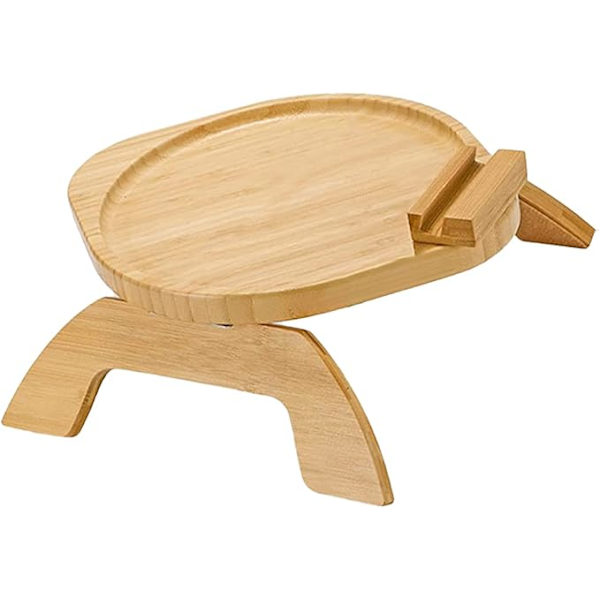 Armlænsbakke i træ med 360° roterende telefonholder, foldbar sofa, armlænsbakke, klemme, sofa, armbord, til brede sofaer (rund)