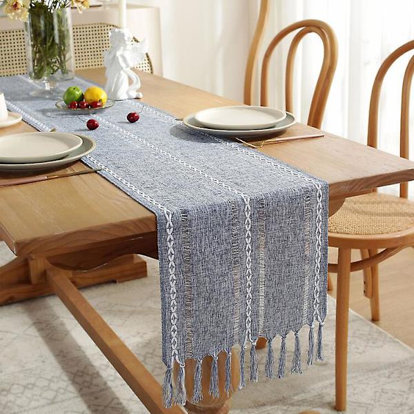 Boho bordslöpare för heminredning, lantlig rustik bordslöpare med tofsar Blue 33x160m