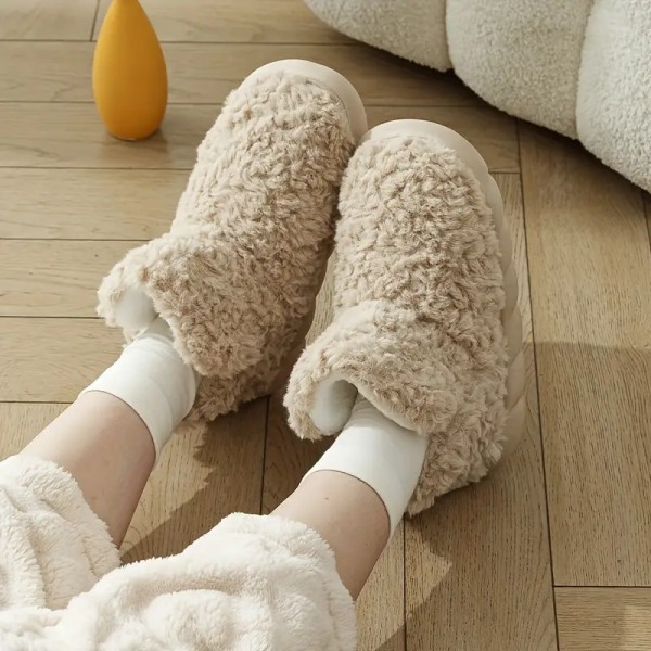 Dam Fluffy Snow Boots, Solid Color Winter Warm Slip On Slipper Boots, Indoor & Outdoor Plush Ankle Boots Pink EU38 39