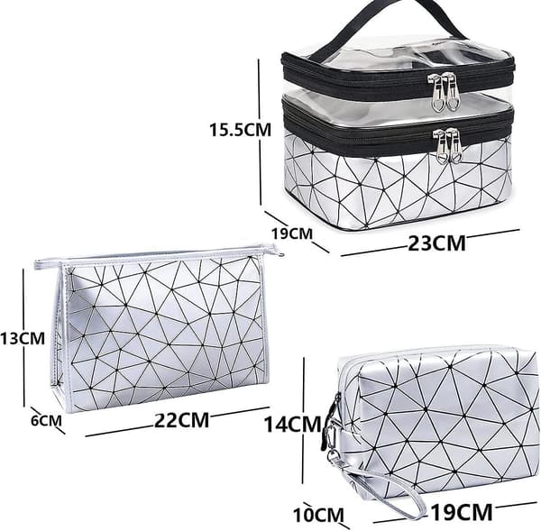 Makeup-väska set, dubbel lager genomskinlig makeup-organisationsväska med 2 stora kosmetiska väskor, 3-pack rese-makeup-väska silver