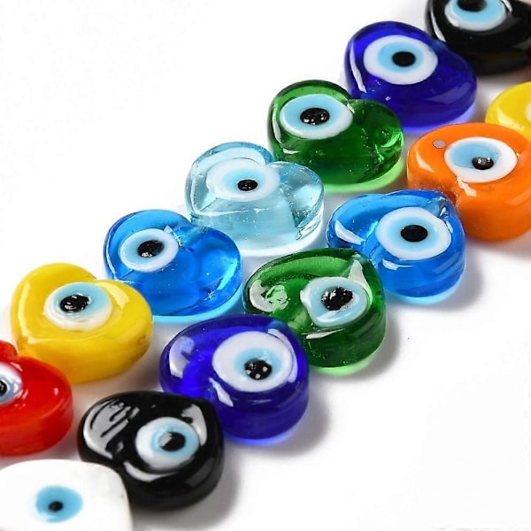 3-tråds Håndlagde Onde Øye Lampwork Perler Tråder Hjerte Fargerik 11.5x14x4.5mm Hull: 1.2mm ca 28 stk/tråd 12.40'(31.5cm)