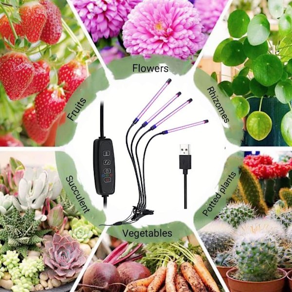 LED Växtlampa, Timer, 10 Dimmerlägen, Växtlampa för Inomhusväxter med Fullt Spektrum & Rött Blått Spektrum, Justerbar Svanhals