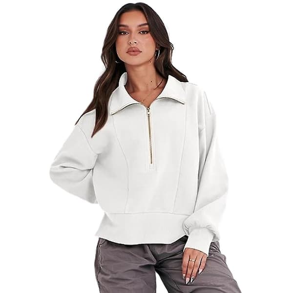 Dam Casual Halv Zip Sweatshirts Långärmad Cropped Pullover White XL