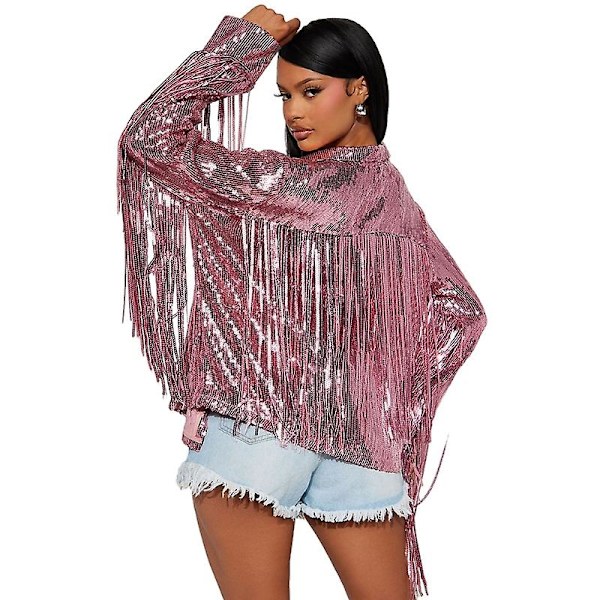 Dame Sequin Langærmet Jakke, Kvaster Frynser Cardigan Frakke Pink M