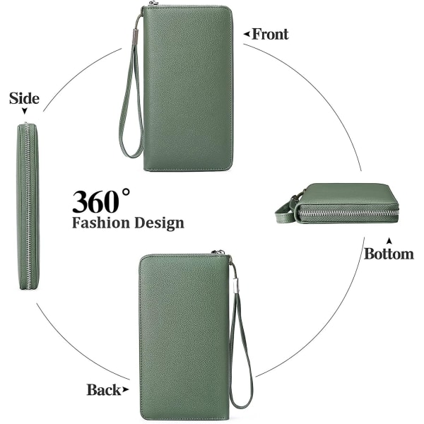 Damplånbok, Damplånbok i läder med stor kapacitet, Zip Clutch, Armband med Rfid-blockering och mer Grass green