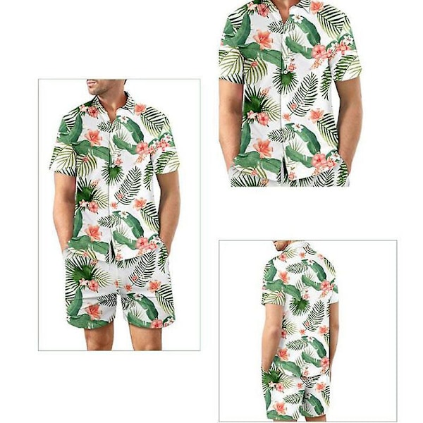 Herre 2-delt linned sæt strandtøj skjorte med knapper og shorts Q2 M