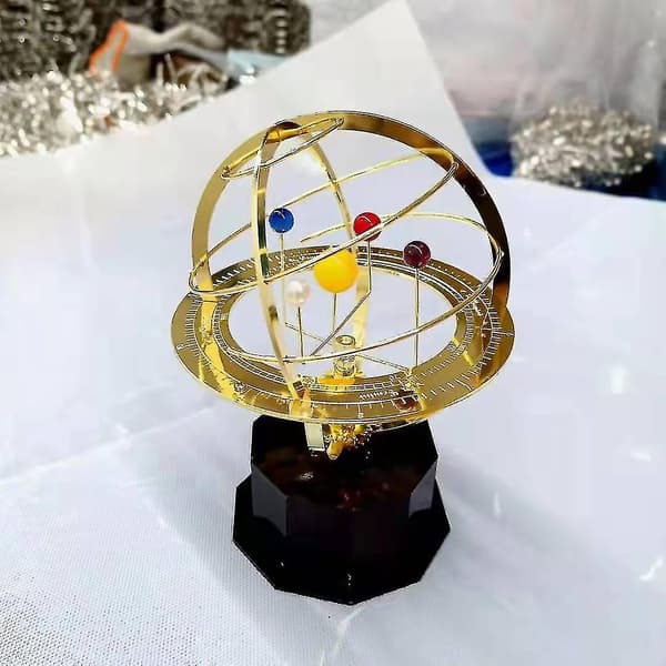 Solcells System Stort Orrery Modell Roterande Metallprydnad Gold