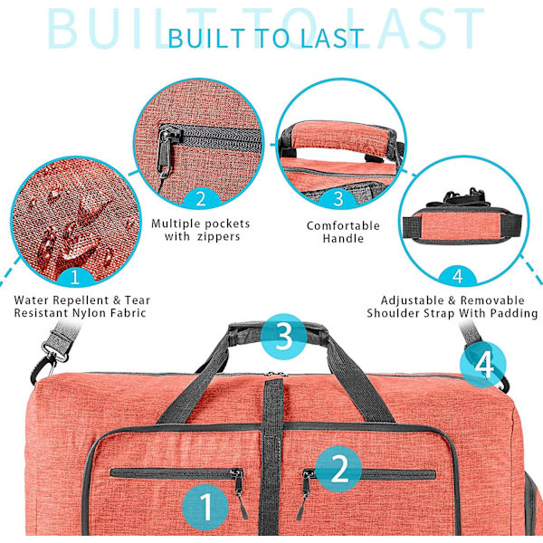 Reise-Dufflebag for menn, 65l sammenleggbar reise-duffelbag med sko-rom nattpose for menn kvinner vanntett og rivebestandig Pink