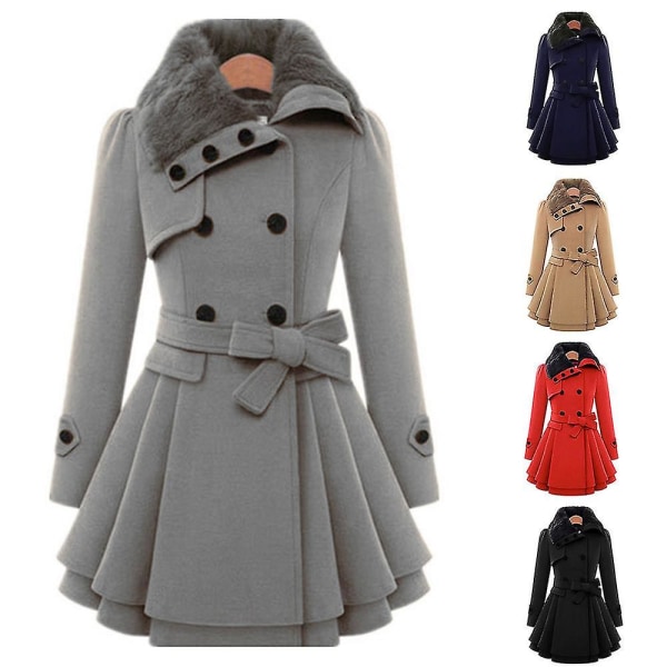 Dam dubbelknäppt vinterjacka vintage mode trenchcoat enfärgad S Black