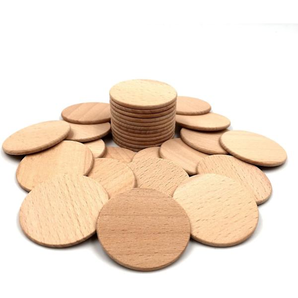 2 tommer naturlige bøgetræsskiver, 30 stk. ubehandlede 5 cm massive træmønter runde udskæringer tokens til håndværksprojekter, gør-det-selv-håndværk, ornamenter