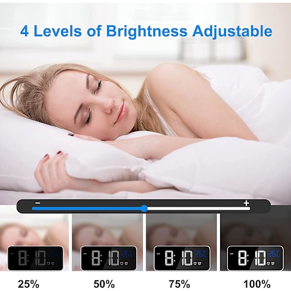 Digital väckarklocka, LED, temperatur/snooze/2 larm/12/24 timmar/USB-laddningsport/16 musik (ren vit)