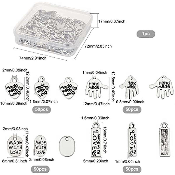 200 st 4 former Alloy Word Charms Berlocker Handgjorda med kärlek Berlocker Oval/Hjärta/Rektangel/Hand Former Smyckestillbehör för DIY Halsband