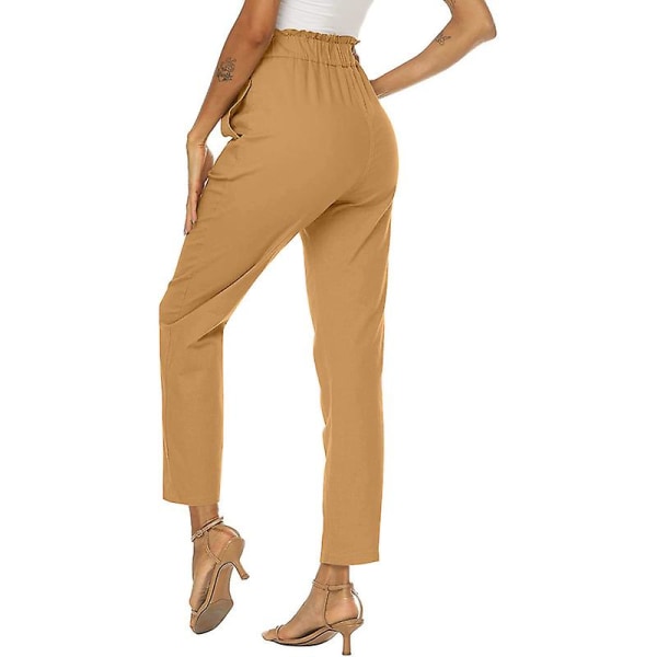 Kvinnor Volang Hög Midja Casual Byxor Elastisk Midja Byxor Khaki M