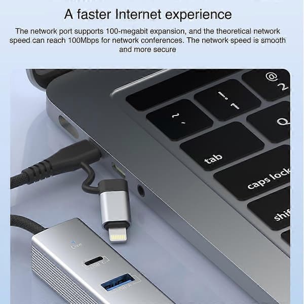 Type-C / 8-Pin til Type-C RJ45 USB-A HUB Udvidelseskonverter Silver