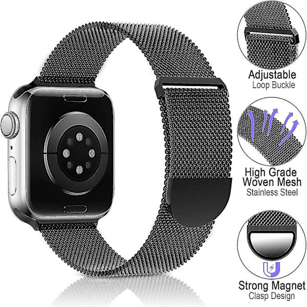 Metal Rustfrit Stålbånd Kompatibelt Med Apple Watch Remme 38mm 40mm 41mm, Sort Løkke Justerbar Rem Magnetisk Armbånd Til Iwatch Serie 7 6 5 4 Black 38 40 41 mm