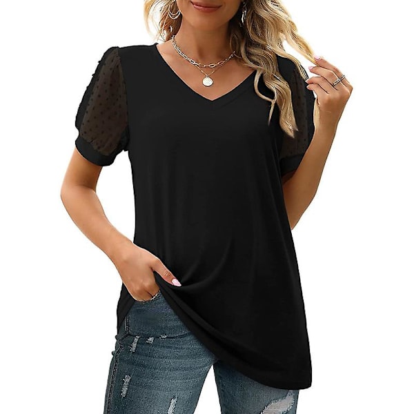 Dame Sommer Kortærmet V-Hals Casual Bluse Toppe Black M