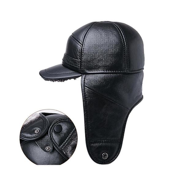 Sztxj Herr 100% Äkta Läderhatt Vinter Varma Utomhus Skydda Öra Äkta Läderkeps För Vinter Varma Foder(svart Hår Stil) 2xl {59-60cm}