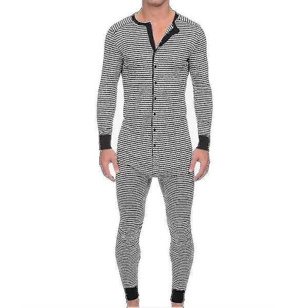 Miesten raidallinen pyjama, pitkähihainen, yksiosainen haalari, yöasu Gray M