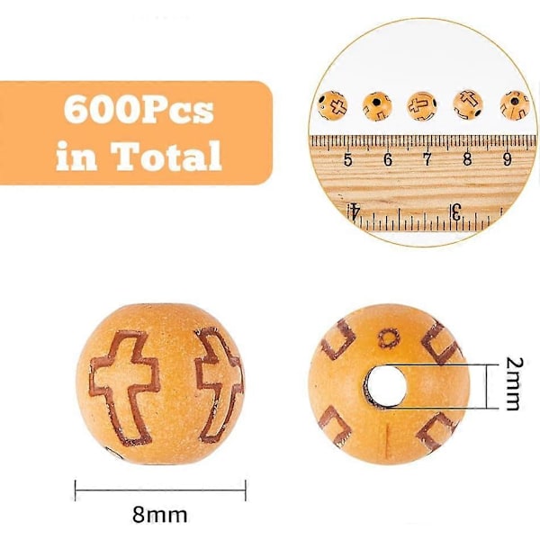 600 st Rund med Kors Pärlor Imitation Trä Akryl Pärlor 8mm Runda Smycken Pärlor Små Sandbrun Religiösa Distans Pärlor för DIY Smyckestillverkning