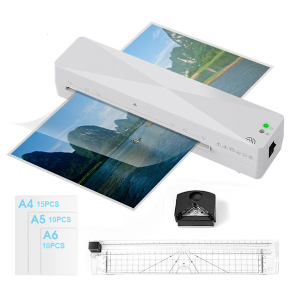 A4 Automatisk varmlamineringsplastmaskin+papperskärare+hörnrundare+35st plastfilm Eu Pl White