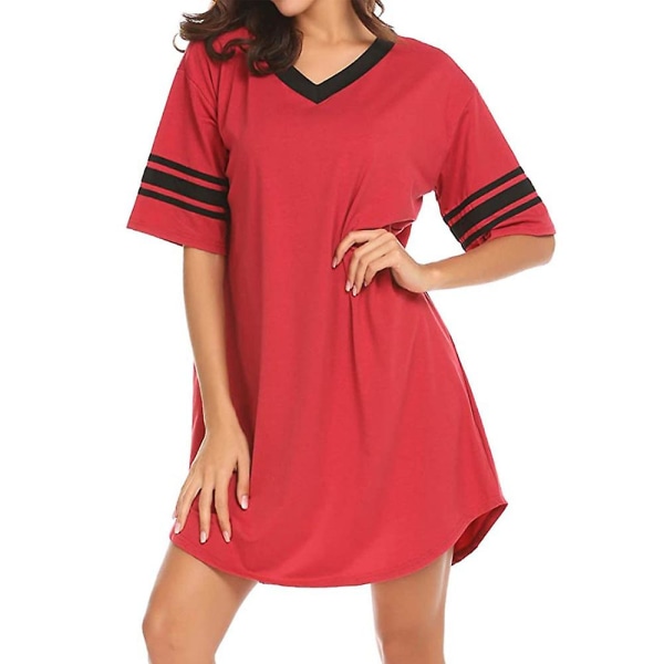 Kortärmade nattkläder för kvinnor, V-hals lös bekväma nattkläder Red 2XL
