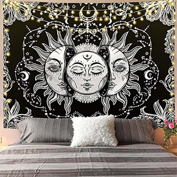 Måne og Sol Vægtæppe Naturlig Vægdekoration Soveværelsesindretning Boho Stil (sort og hvid, 150x200cm)