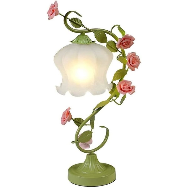 Skrivbordslampa bordslampa i koreansk stil Delikat smycken Blomformad frostat glas lampskärm |grön metall rotting rosa keramiska rosor dekoration
