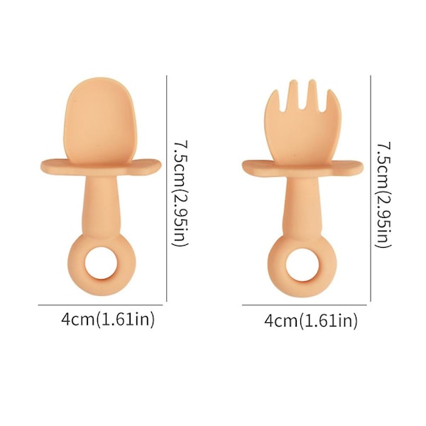 Itsepalveluastiat, silikonilusikka- ja haarukkasetti, tukehtumisenestokansi, helppo tarttua, sopii vieroitukseen Beige