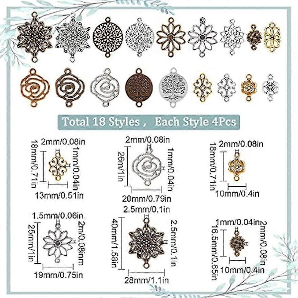 72 st 18 Stilar Blommkopplingar Charms Blommkopplingar Kopplingar Solros Lotus Klöver Charm Filigran Kopplingar