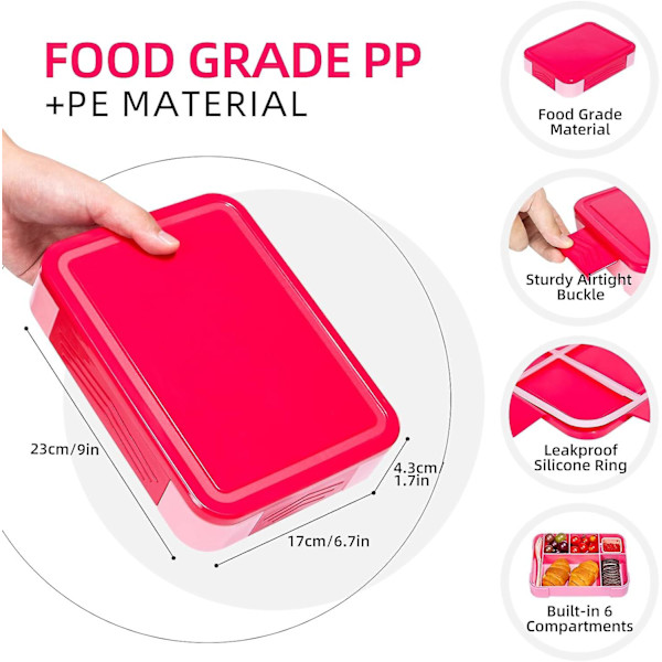 Barnens Brödlåda Med 6 Fack 1330ml Lunchlåda Med Bestick, Läckagesäker Snacklåda, Bpa-fri Bentolåda, Mikrovågsugn För Skola Arbetspicknick(rosa)