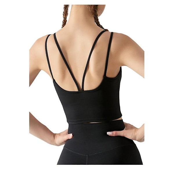 Naisten treeniurheiluliivit Fitness Selästä avoin pehmustettu liivi Jooga Crop Tank Top Black L