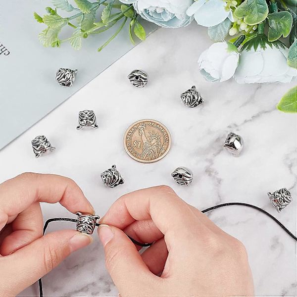 10 st 2 mm hål Rostfritt stål Bulldog Pärlor Berlocker Pug Hund Pitbull Valp Husdjur Huvud Pärla Distans Pärlor Antik Silver Europeisk Charm för Halsband Armband