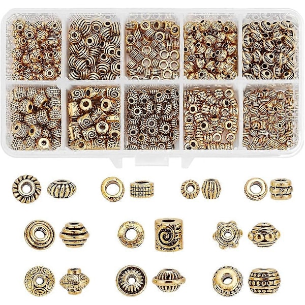 500 st 10 Stilar Gyllene Distanspärlor Metall Tibetanska Antikpärlor Smycken Distanspärlor Legering Lösa Pärlor för Armband Halsband Smyckestillverkning DIY Hantverk