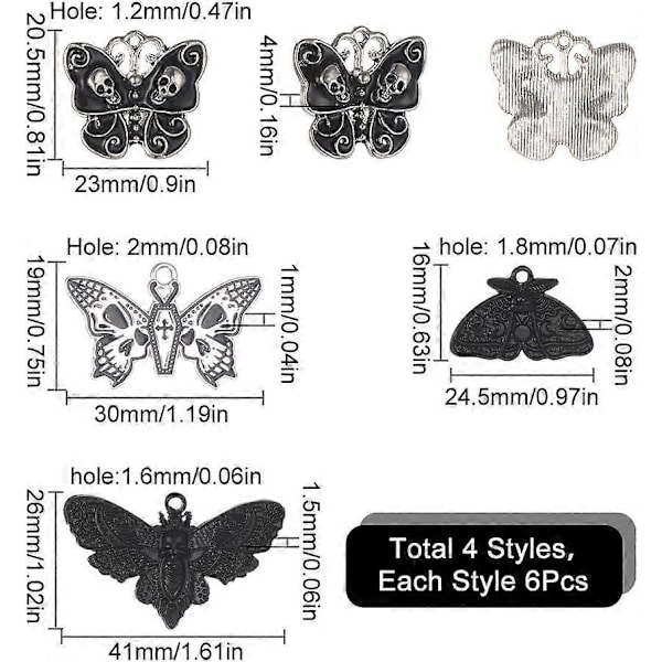 1 Æske 24 stk. 4 Stilarter Sommerfugl Charm Møl Charms Bulk Gotisk Charm Sort Kranie Sommerfugle Skelet Halloween Legering Insekt Charm til Smykkefremstilling Ch