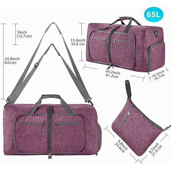 Reise-Dufflebag for menn, 65l sammenleggbar reise-duffelbag med sko-rom nattpose for menn kvinner vanntett og rivebestandig Purple