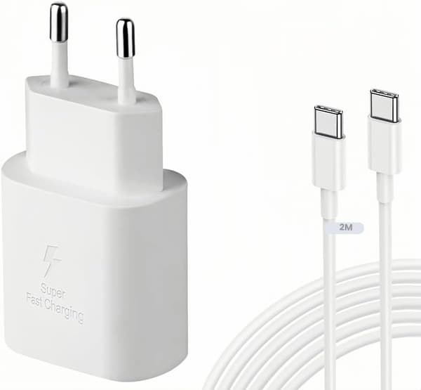 25 W Hurtiglader USB C, Strømforsyningslader, Ladeplugg USB C Hurtigladeradapter med 2 m Ladekabel hvit