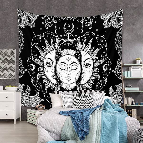 Måne og Sol Vægtæppe Naturlig Vægdekoration Soveværelsesindretning Boho Stil (sort og hvid, 150x200cm)