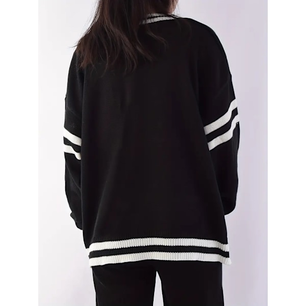 Broderi Knappelukking Kontrastkant Cardigan, Casual Cardigan med påsydde lommer og lange ermer for høst og vinter, Dameklær