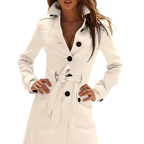 Dam vinter trenchcoat enkelknäppt slips midja vintage mode filt rockar M White