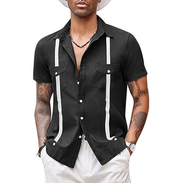 Herrskjorta kortärmade Guayabera-skjortor Casual Button Down Beach Toppar Black 3XL